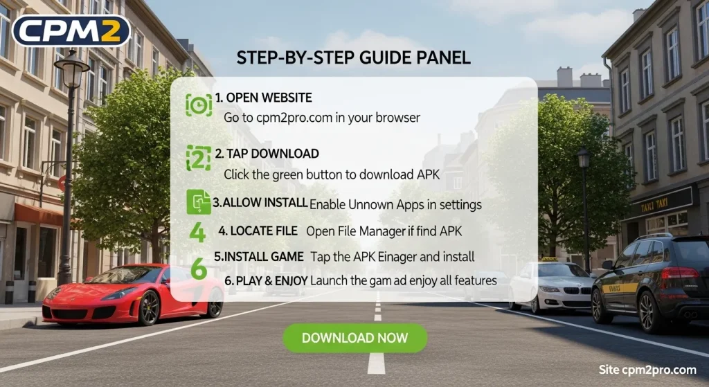 First of all, open the cpm2pro.com on the google and download button will be available on the website.
Click on the download button and game will be downloaded.
Open to your device settings, click on security settings. and enable the “install unknown apps” option. This will simplify the installation process.
Then, go to the file manager, open Car Parking Multiplayer 2 MOD APK, and click on install. 
In a few seconds, it will be installed on your mobile device.
After complete installation process enjoy the CPM 2 Mod APK on your android devices.