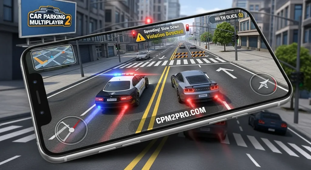 In Car Parking Multiplayer 2 Mod APK, police mode adds realism with patrol cars applying traffic rules and issuing punishment for violations like speeding or running red lights. You can play as a police officer chasing speeders or as a criminal trying to escape, adding excitement and challenge to the game.