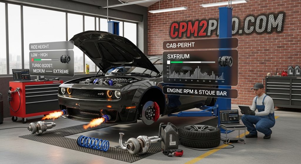 Create a realistic 3D-rendered automotive workshop scene set in a modern tuning garage. Feature a high-performance sports car (inspired by Dodge Challenger or BMW M4) with its hood open, exposing a turbocharged engine with glowing turbo pipes and exhaust flames. The car should also be:

Raised partially on a hydraulic lift

One front wheel removed, showing suspension coils and brake calipers

Nearby tuning tools like an air wrench, suspension calibration laptop, and oil jugs

Show interactive car UI panels floating beside the car with tuning options such as:

Ride Height: Low ➝ High

Turbo Boost: Medium ➝ Extreme

Suspension Stiffness Bar

Engine RPM & Torque Graphs

Include a player avatar in mechanic overalls, crouching beside the car with a tuning tablet.

☀️ Use clear sunlight with no shadows to emphasize realism.

🔲 Background Branding: Add "CPM2PRO.COM" in a bold hazy gradient text on the rear brick wall or floor, using a carbon-fiber texture font, partially blurred but readable, integrated seamlessly with the garage environment.